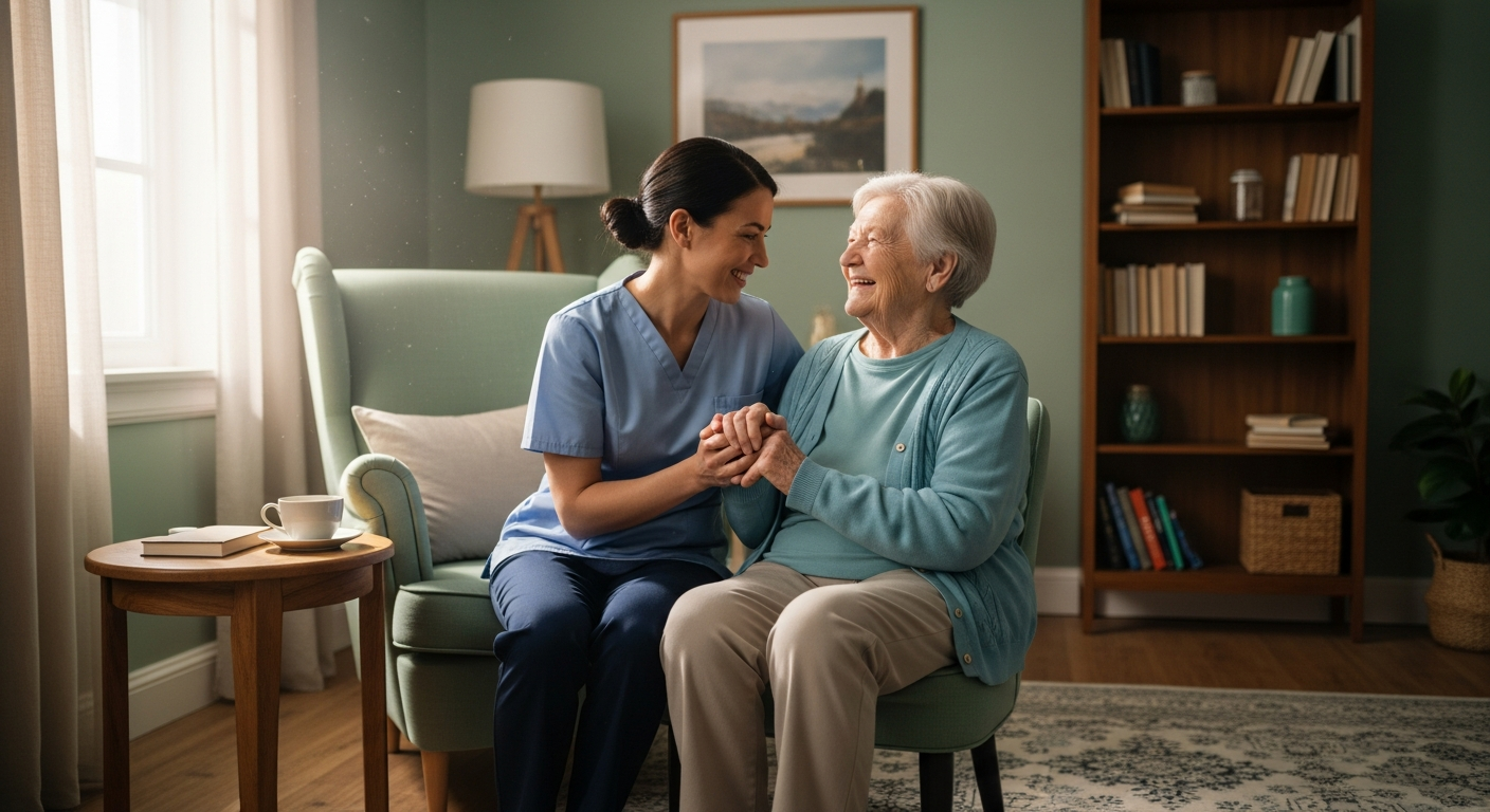 Warm caring interaction between caregiver and elderly person